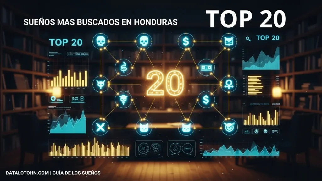 Análisis técnico del Top 20 de la Guía de los sueños La Diaria Honduras con dashboard de datos y símbolos interconectados.