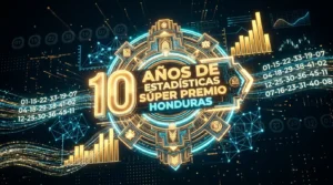 nfografía digital 3D de 10 años de Estadísticas Súper Premio Honduras con gráficas doradas y números ganadores.