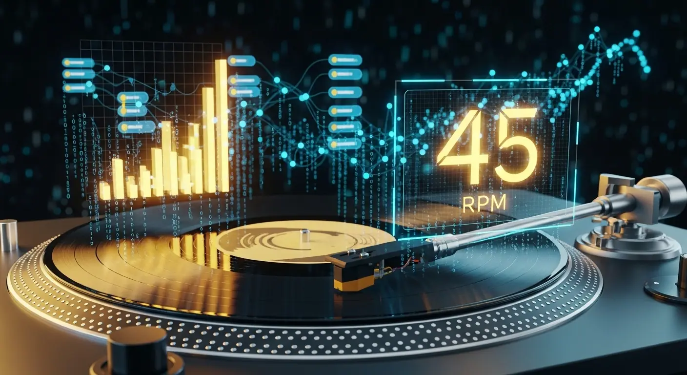 Representación digital holográfica de un disco de vinilo de 45 RPM con visualizaciones de datos estadísticos sobre fondo oscuro.