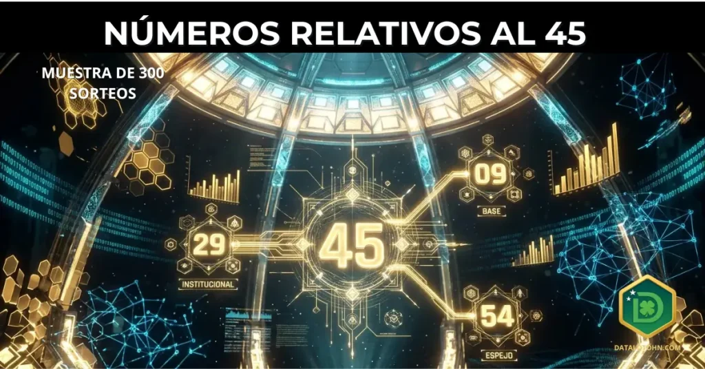 Representación digital holográfica de una cúpula sagrada de datos que visualiza la jerarquía del Símbolo 45 sobre sus números relativos (09, 54, 29). tomando como base la tradición símbolos de la diaria.