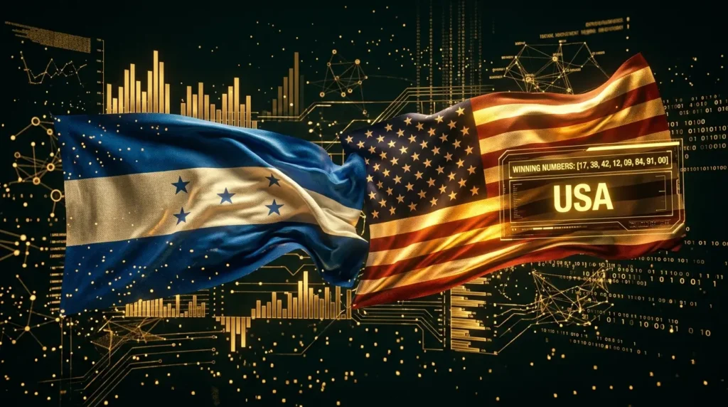 Loto en Honduras hoy: Resultados y números ganadores para la diáspora en Estados Unidos con banderas de Honduras y USA sobre fondo de datos digitales.