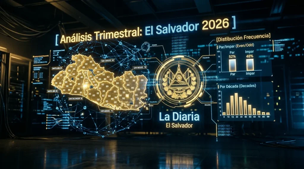Análisis técnico de frecuencias y resultados loto El Salvador correspondientes al primer trimestre de 2026 en estilo Dark Mode Premium.