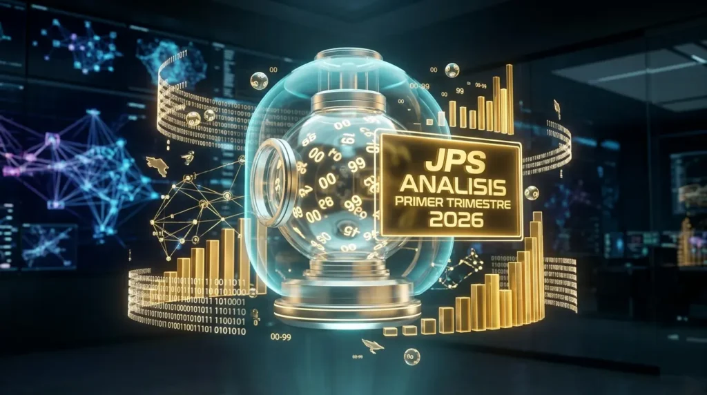 Infografía digital de estadísticas de Nuevos Tiempos Tica JPS Costa Rica con gráficos de frecuencia dorados y tómbola holográfica.