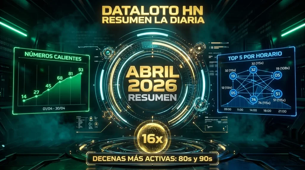 Infografía de análisis estadístico de la diaria loto Honduras correspondiente al mes de abril 2026 con tendencias y frecuencias.