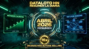 Infografía de análisis estadístico de la diaria loto Honduras correspondiente al mes de abril 2026 con tendencias y frecuencias.