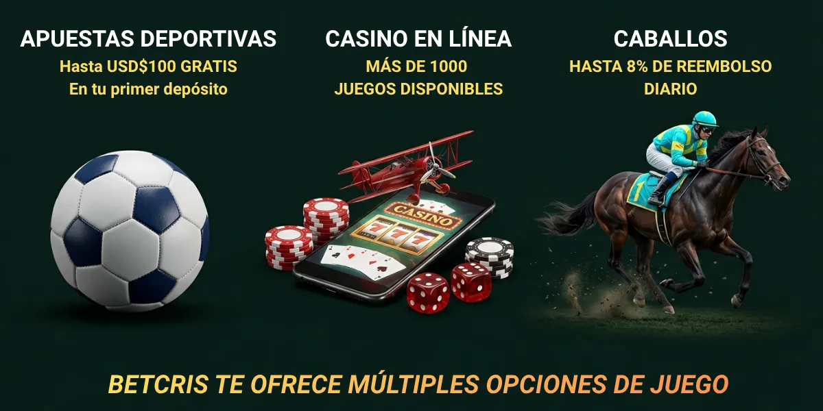 Variedad de juegos en Betcris Honduras incluyendo apuestas deportivas, casino en línea con Aviator y carreras de caballos.