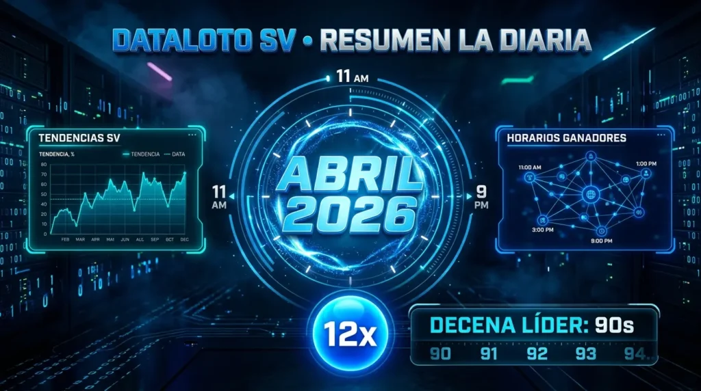 Infografía estadística de la diaria loto El Salvador con resultados y frecuencias de abril 2026.