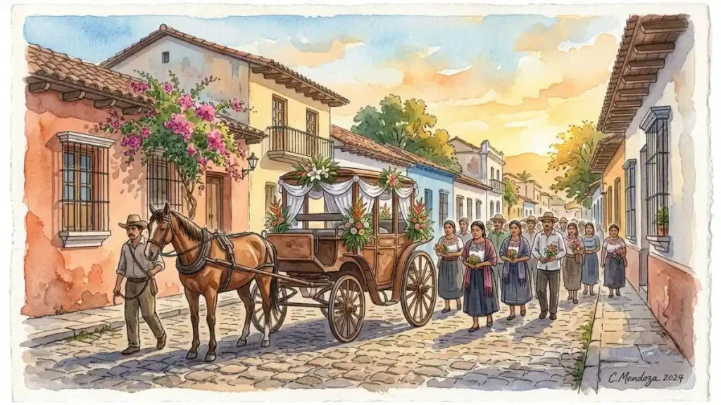 Ilustración en acuarela de un cortejo fúnebre tradicional centroamericano, representando el símbolo del ataúd asociado al 22 en la diaria