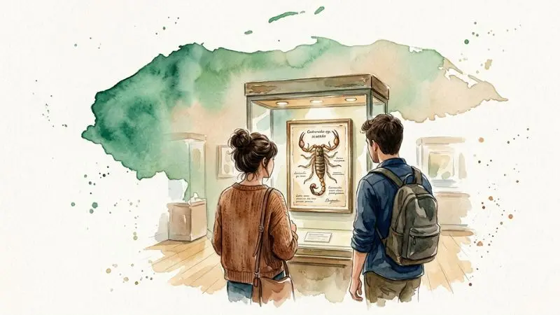 Ilustración en acuarela de personas observando un micro alacrán en el museo de la UNAH con el mapa de Honduras de fondo.