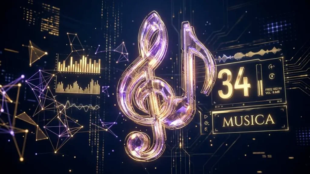 Representación cinematográfica del número 34 en la diaria con el símbolo oficial de la música en Honduras.