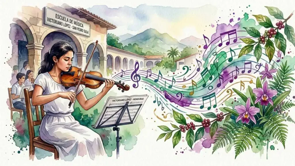 Estudiante tocando el violín en acuarela representando la música en Honduras y la Escuela Victoriano López. para apoyar el articulo del 34 en la diaria Honduras