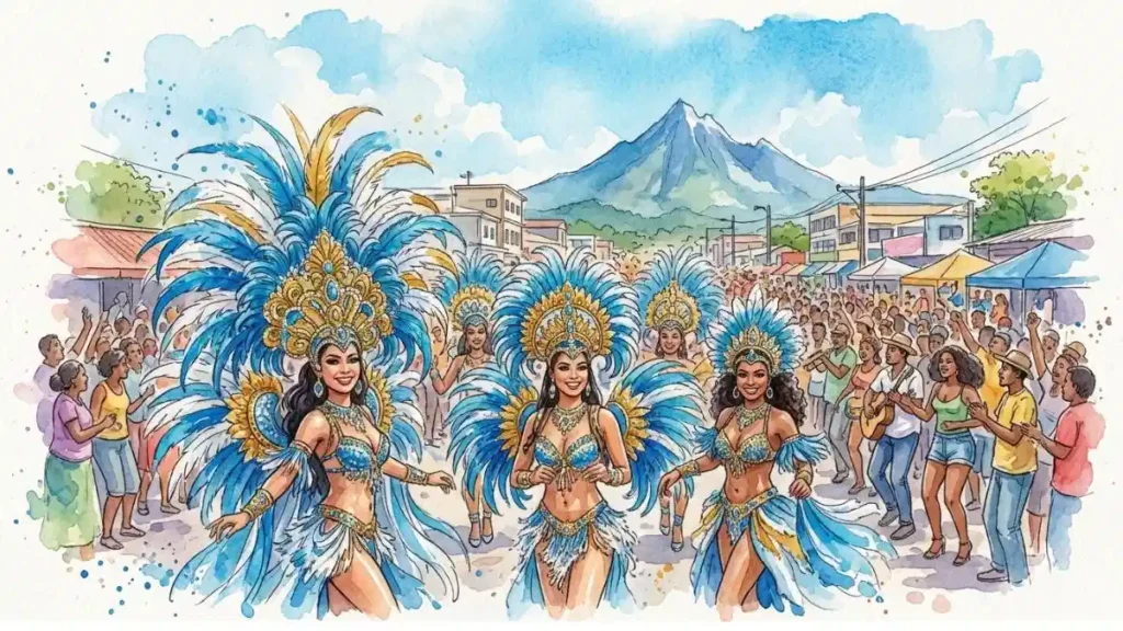 Pintura en acuarela horizontal del Carnaval de La Ceiba con bailarinas en trajes de plumas y la montaña Pico Bonito al fondo, representando el símbolo de la Novia.