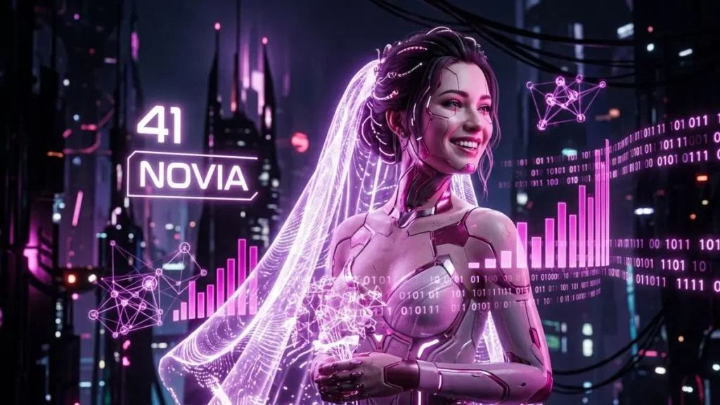 Render cinemático de una mujer sonriendo con velo digital de luz e interfaz holográfica del número 41 y el texto NOVIA, rodeada de gráficos estadísticos para el análisis de 41 en la diaria.