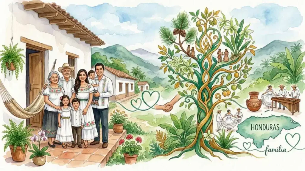 Ilustración en acuarela de una familia hondureña unida con la orquídea nacional Brassavola, representando el símbolo oficial del número 46 en la diaria.