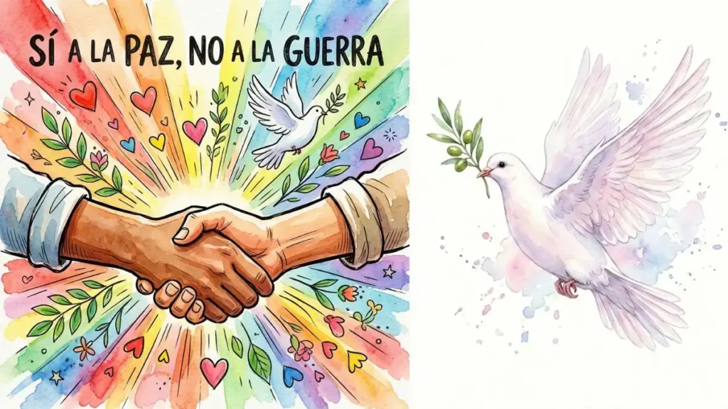 Ilustración hecha a mano con dos manos estrechándose y la frase Sí a la paz no a la guerra para el análisis del número 61 en la diaria.