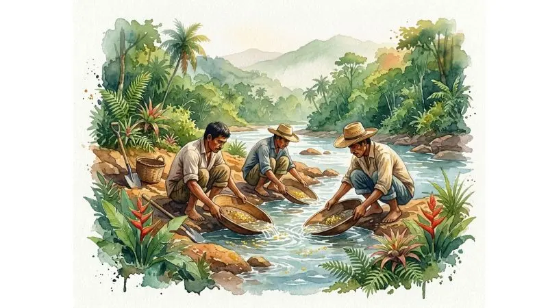 Pintura en acuarela de trabajadores artesanales hondureños buscando oro con bateas a la orilla de un río en Honduras.