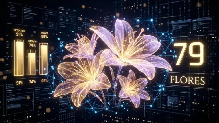 Render cinemático en 8k del número 79 en la diaria con diseño digital de flores de lotería en Honduras.