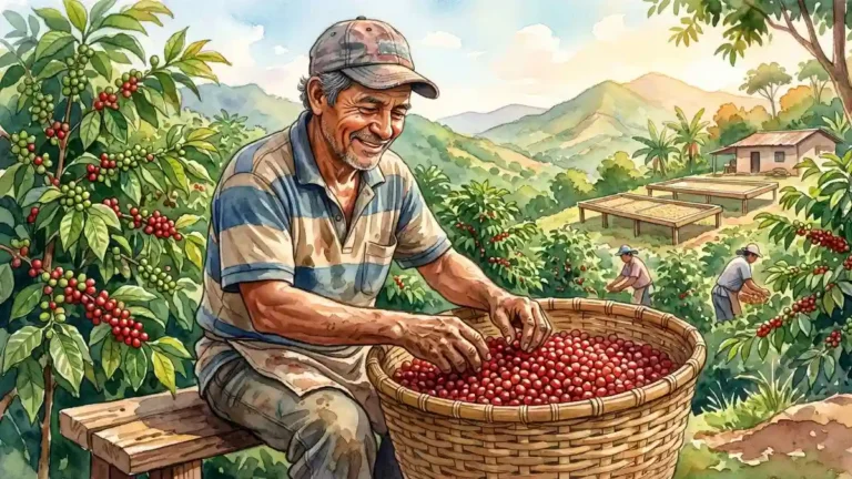 Caficultor hondureño seleccionando granos, representando el símbolo del café para el número 80 en la diaria.