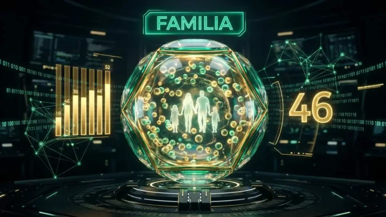 Render cinemático 8K en estilo futurista que muestra gráficos de análisis de datos y estadísticas del número 46 en la diaria para el mercado de Honduras.