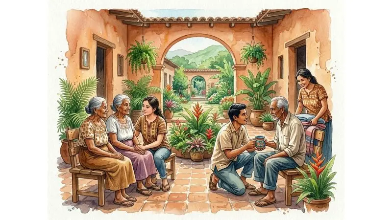 Pintura en acuarela que representa el apoyo y cuidado a los ancianos en Honduras, seccion de reflexion del 97 en la diaria.