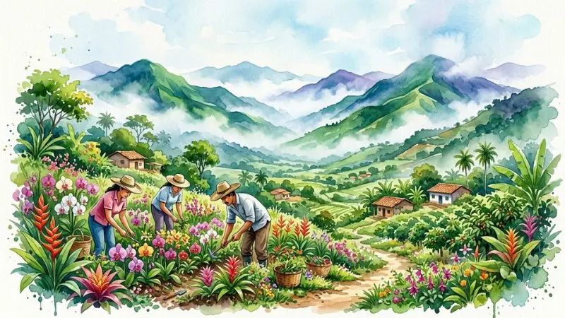 Ilustración en acuarela de paisajes hondureños y agricultores cultivando flores, asociado al número 79 en la diaria.