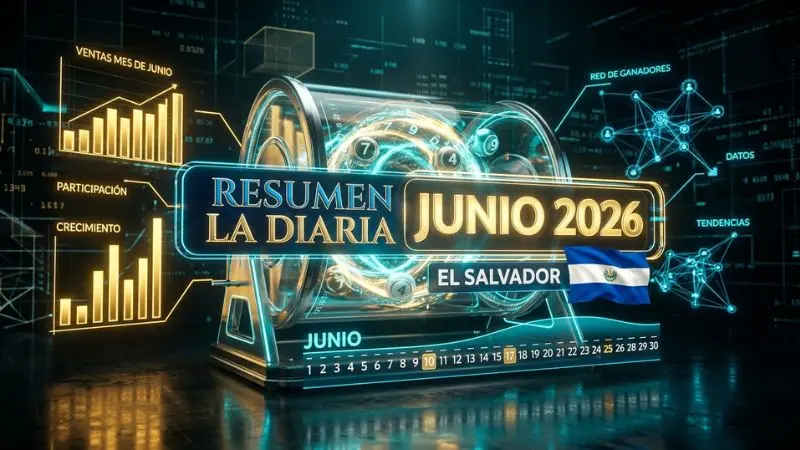 Gráfico analítico con tómbola digital y bandera de El Salvador que muestra el resumen de resultados de la diaria el salvador del mes de junio.