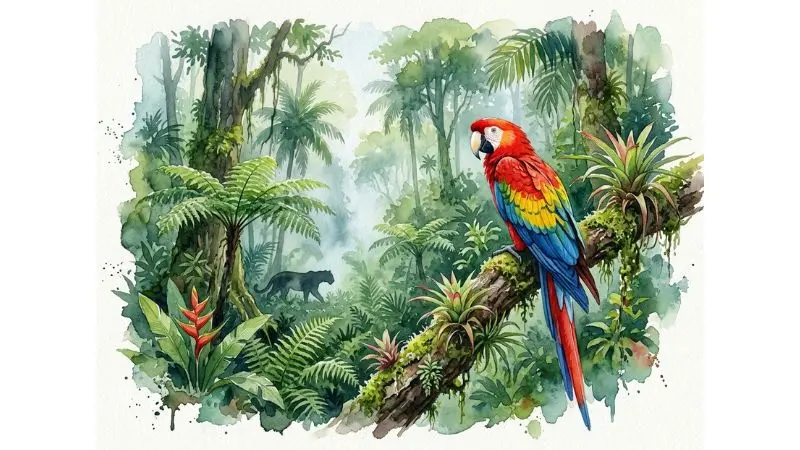 Pintura artística en acuarela de la selva de La Mosquitia en Honduras con una guacamaya roja para el número 59 en la diaria.