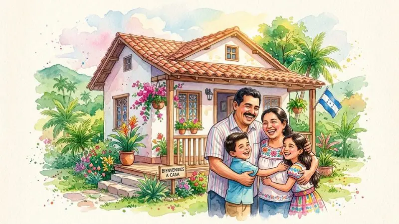 Ilustración en acuarela de una alegre familia hondureña estrenando su casa, representando el símbolo del 85 en la diaria.