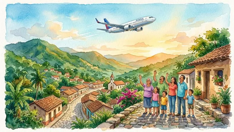 Pintura en acuarela de un avión volando sobre un pueblo tradicional de Honduras con personas observando desde tierra.
