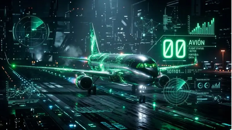 Ilustración digital futurista en render 8K del número 00 en la diaria con el símbolo del avión rodeado de gráficos de barras verdes y datos holográficos.