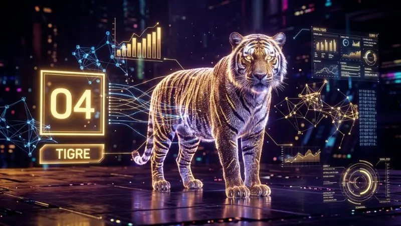 Análisis estadístico del número 04 en la diaria con diseño holográfico del símbolo del Tigre.