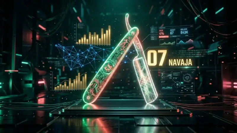 Render cinemático en 8K de un holograma tecnológico con el número 07 en la diaria y su símbolo de la Navaja rodeado de datos estadísticos.