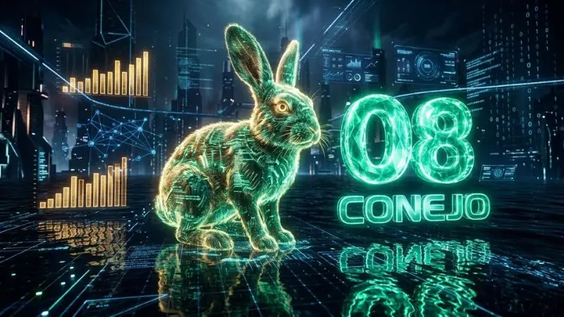 Representación digital del 08 en La Diaria con el símbolo del Conejo e interfaz estadística futurista