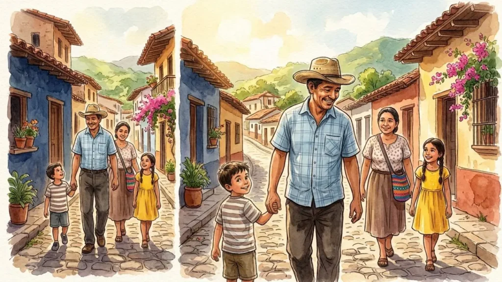 Acuarela de un hombre hondureño guiando a su familia en un pueblo tradicional, representando el 09 Hombre en la diaria.
