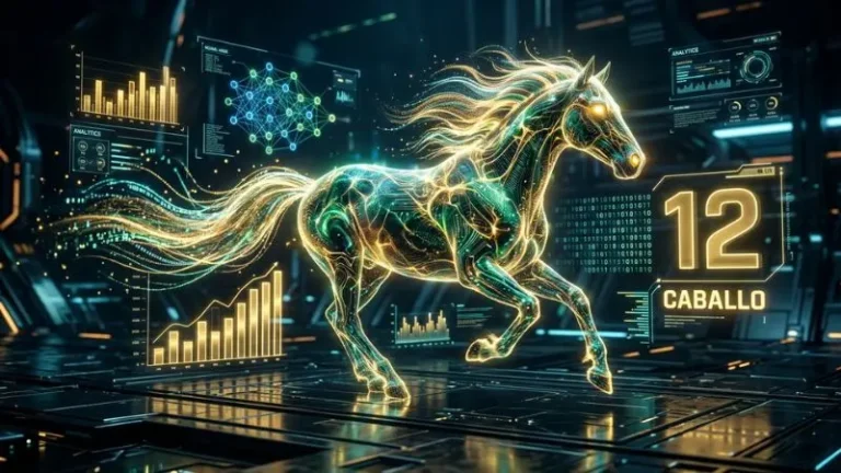Caballo digital brillante con hologramas de datos y el número 12 en la diaria.