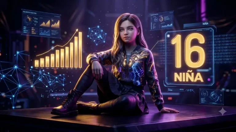 Un render cinematic ultra-detallado de una niña futurista en un entorno ciberbético, que representa el número 16 en La Diaria de Honduras.