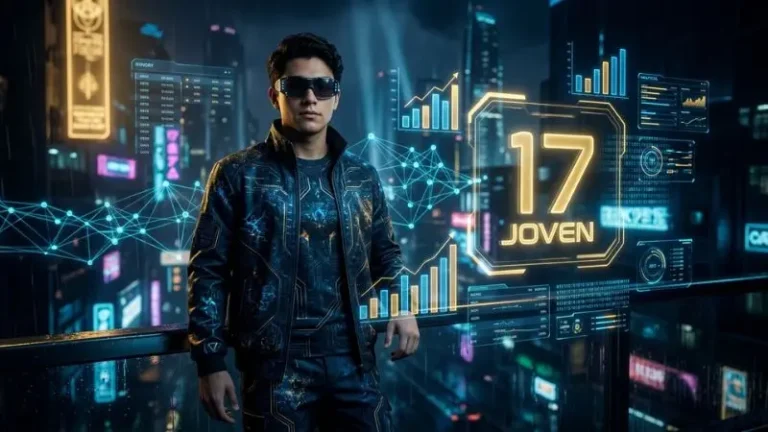 Gráfico digital futurista en alta definición del número 17 en la diaria con el símbolo del Joven y barras estadísticas.