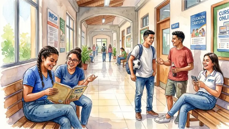 Pintura en acuarela de estudiantes hondureños platicando y leyendo alegremente en un pasillo de INFOP Virtual.