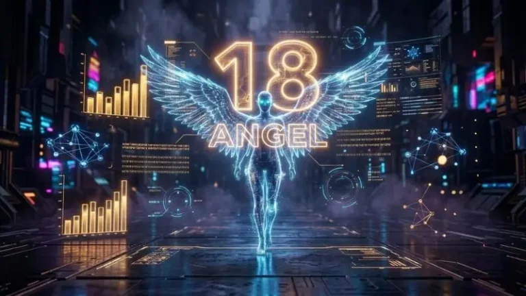 Ilustración digital cinematográfica del 18 en la diaria representada por el símbolo del Ángel y análisis de datos.