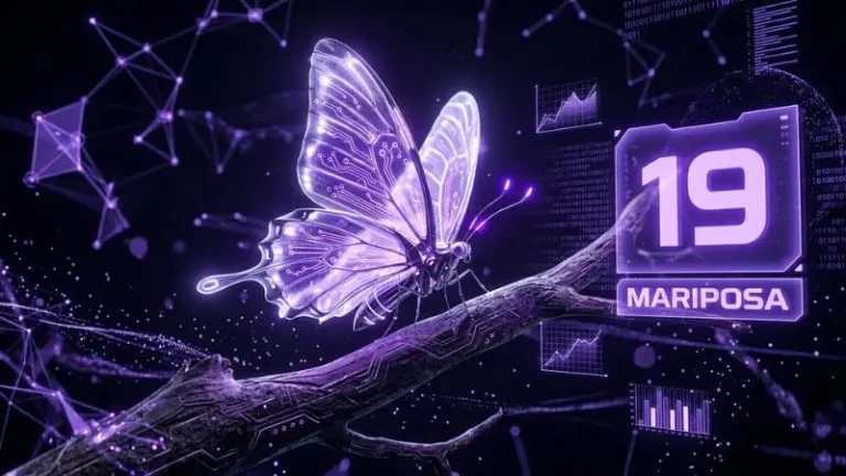 Ilustración digital en estilo render cinematográfico del número 19 en la diaria con el símbolo oficial de la mariposa holográfica.