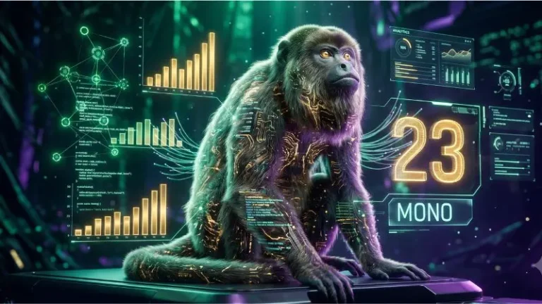 Representación digital futurista del número 23 en La Diaria con el símbolo del Mono y gráficos estadísticos de la lotería de Honduras.