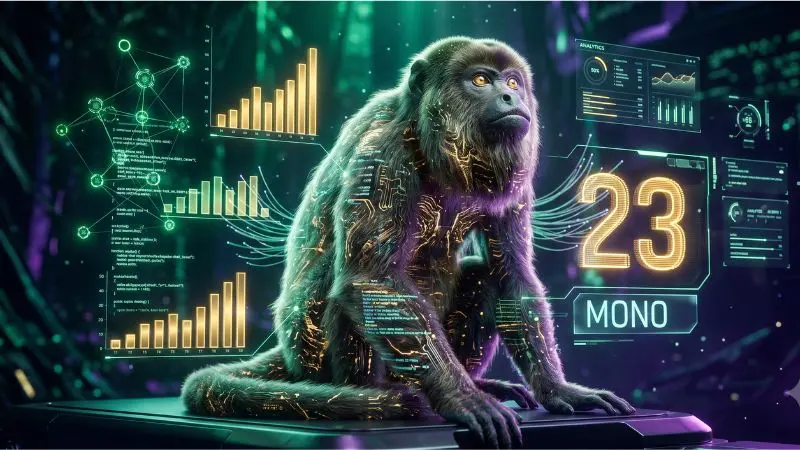 Representación digital futurista del número 23 en La Diaria con el símbolo del Mono y gráficos estadísticos de la lotería de Honduras.
