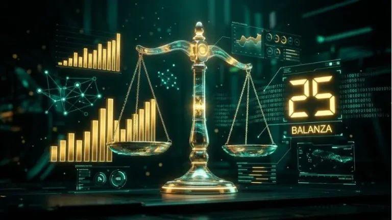 Ilustración 3D futurista del número 25 en La Diaria con el símbolo oficial de la Balanza y gráficos analíticos.