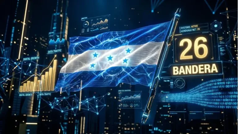 Un render digital cinematográfico 8K ultra detallado del símbolo de la bandera para el 26 en la diaria de Honduras, rodeado de datos holográficos de lotería.