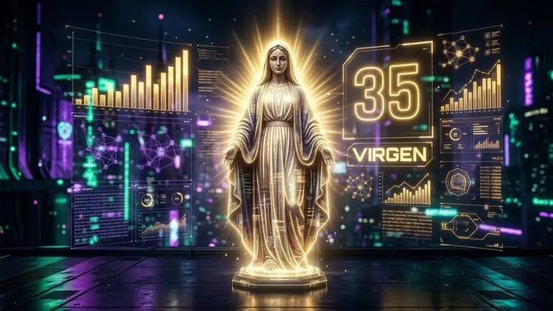 Representación digital holográfica del número 35 en La Diaria con el símbolo oficial de la Virgen.