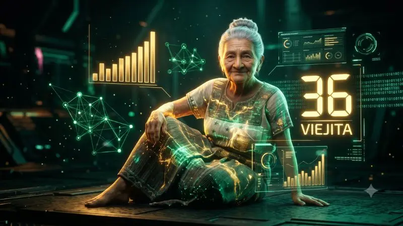 Render digital en 8K de una entrañable abuelita holográfica en color verde esmeralda junto al número 36 en la diaria.