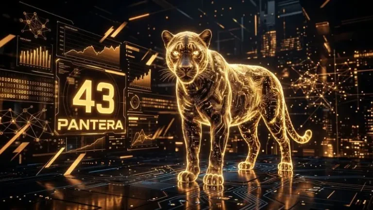 Render digital en 8K del numero 43 en la diaria con diseño de pantera holografica y graficos de estadisticas.