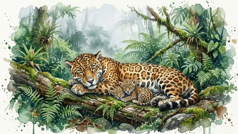 Pintura en acuarela de una hembra jaguar con sus crias en el bosque nublado de Honduras, inspirada en el 43 pantera en la diaria.