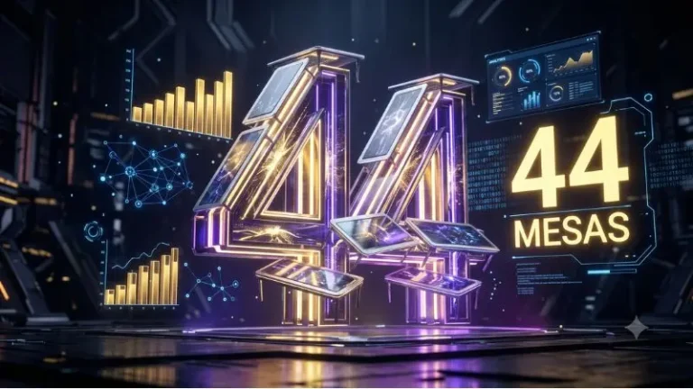 Un render cinematográfico en 8k de una figura digital 44 compuesta por mesas de vidrio, rodeada de análisis de datos holográficos e interfaces tecnológicas en un entorno ciberboreal.