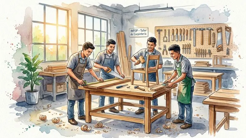 Pintura en acuarela de jóvenes estudiantes hondureños aprendiendo carpintería y ebanistería en un taller técnico del INFOP, en referencia al 44 Mesas en la diaria.